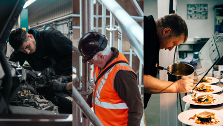 Mechanik pri práci s autom a muž v prilbe a kuchár pr príprave jedla