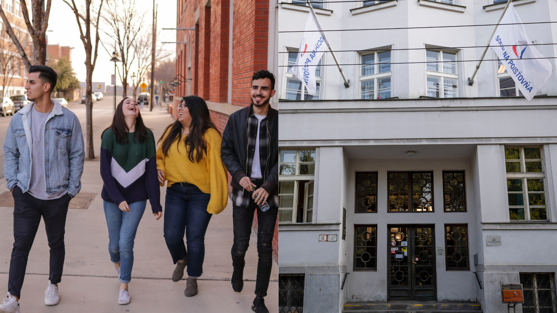 Mladí ľudia kráčajú na ulici a smejú sa, budova SP v Bratislave