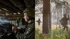 Vojak mieri na cieľ a vojaci v lese utekajú so zbraňami