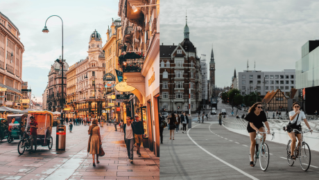 Ľudia v uliciach vo Viedni a ženy na bicykloch v Kodani