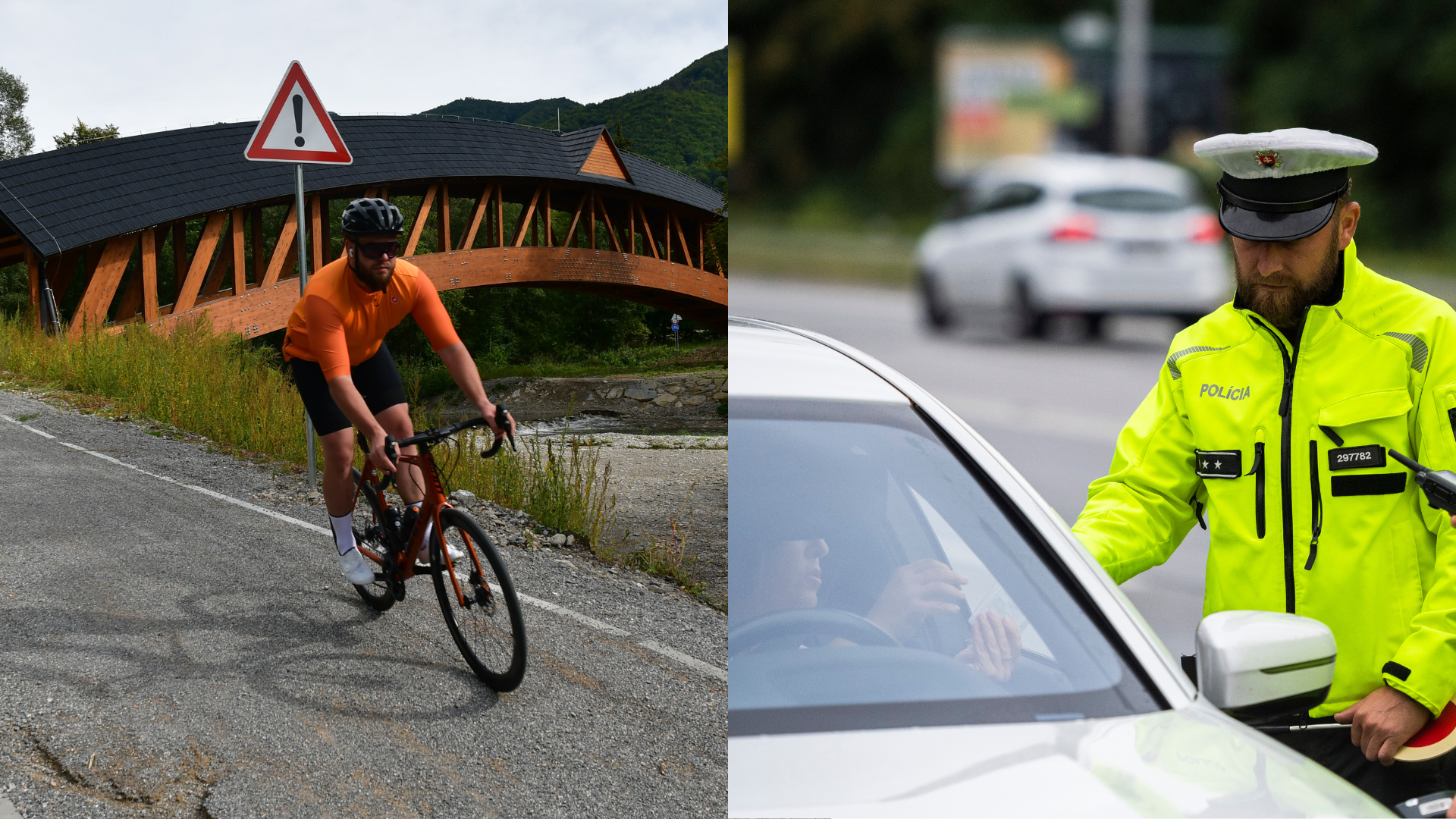 Cyklista s prilbou ide po ceste a policajt zastavil vodičku auta
