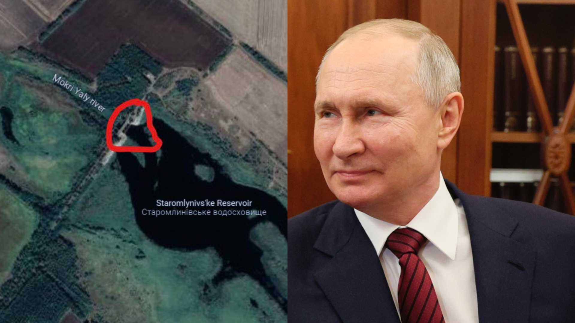 Priehrada na rieke Mokri Jaly, ktorú Rusko údajne zničilo a ruský prezident Vladimir Putin