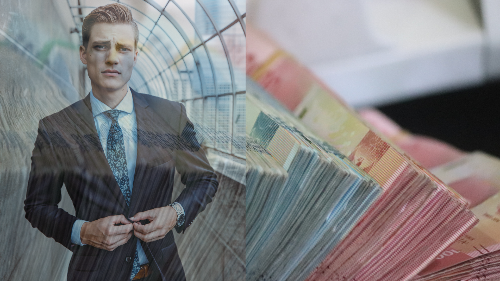 muž v obleku s veľa peniazmi