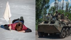 Mier na Ukrajine, biela vlajka v rukách dieťaťa, ukrajinskí vojaci