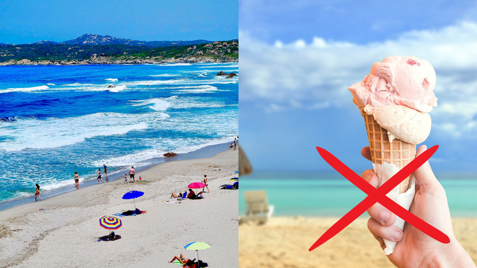 Ľudia na pláži a kopček zmrzliny v ruke