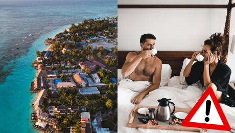 Pohľad na rezort v Zanzibare a pár v hotelovej posteli