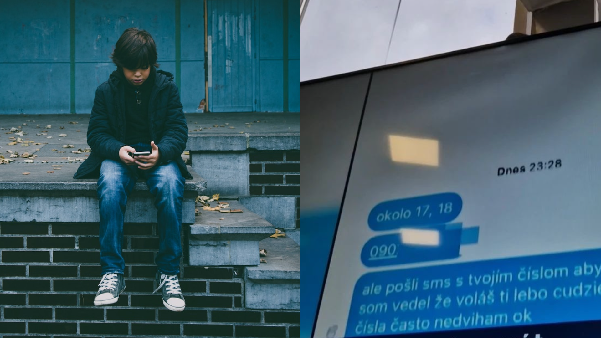 Chlapec sedí na zemi a pozerá do telefónu a správy