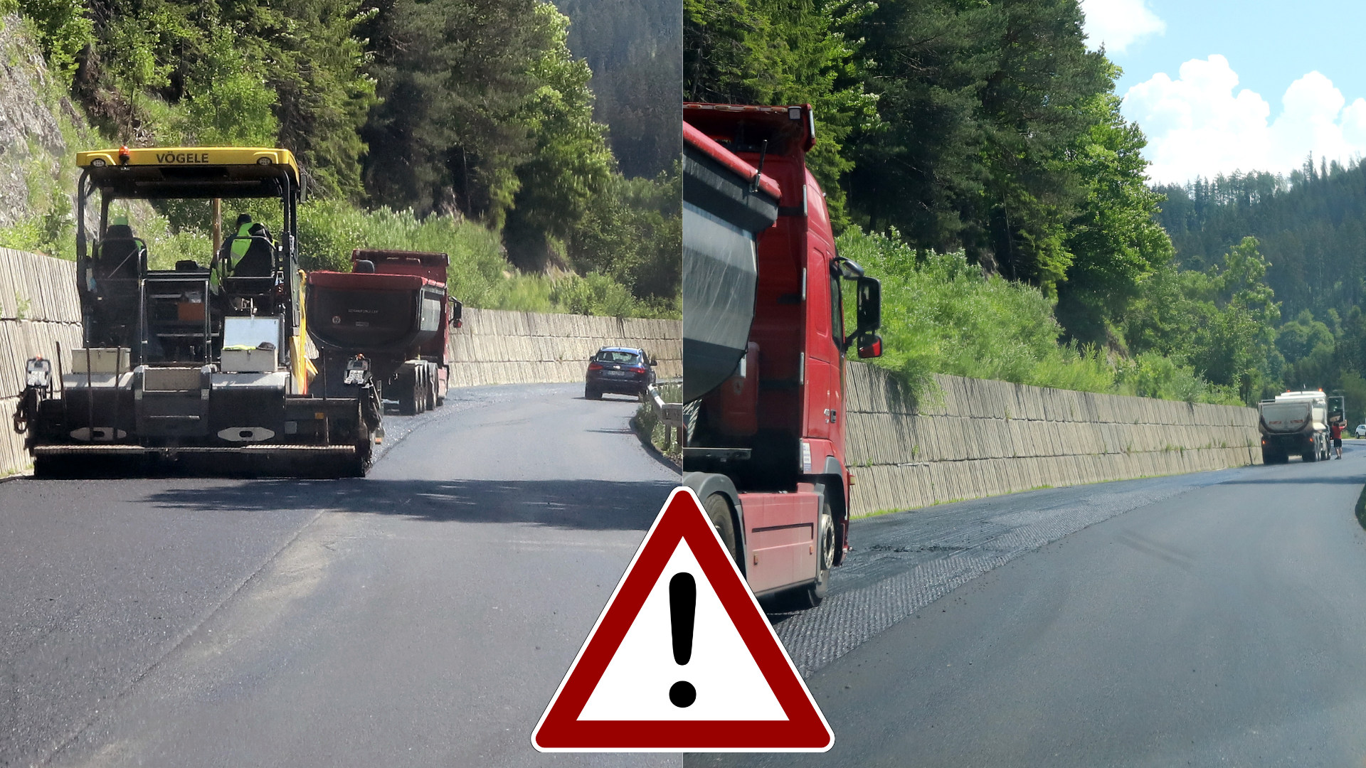 Báger a kamión pri oprave cesty