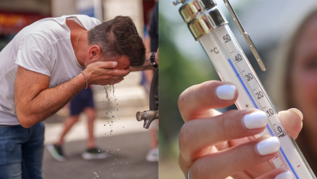 Muž sa ovlažuje vodou a teplomer