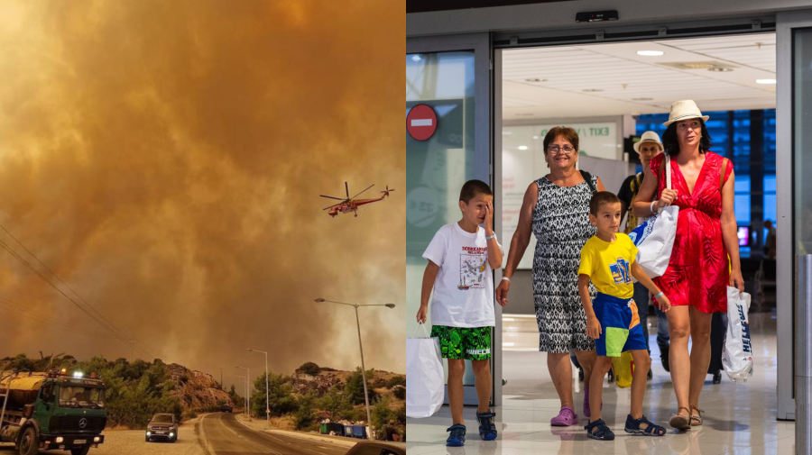 Dym z požiaru a vrtulník pri zásahu a ľudia na letisku