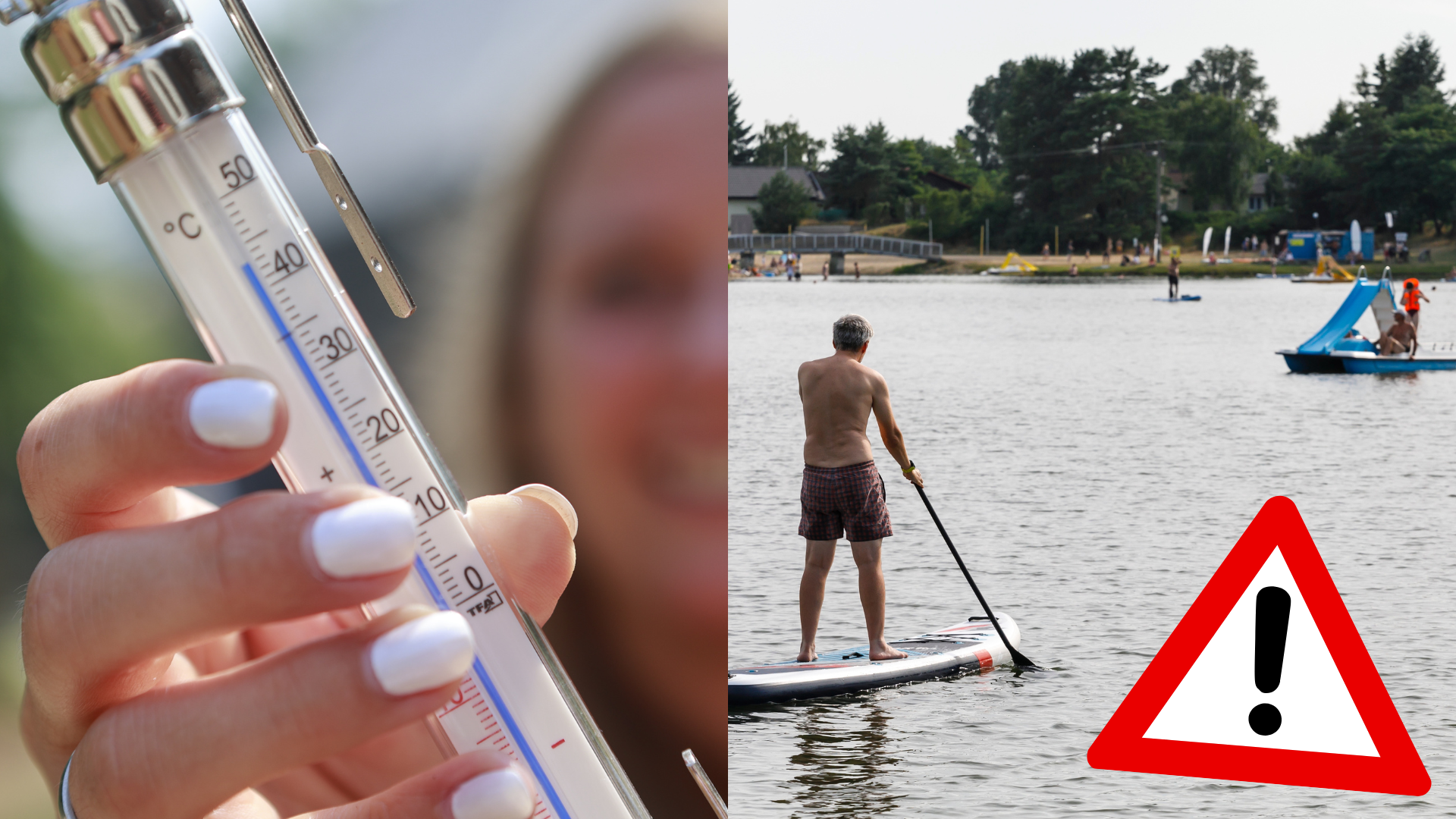 Teplomer a muž na paddleboarde na jazere