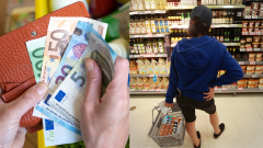 Bankovky v rukách a žena rozmýšla pred regálom v potravinách
