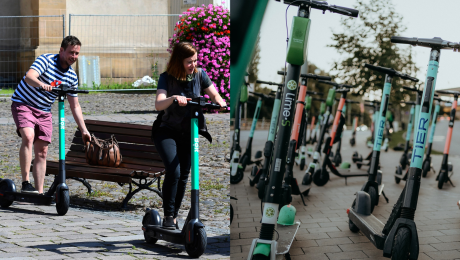 Ľudia na elektrických kolobežkách a elektrické kolobežky