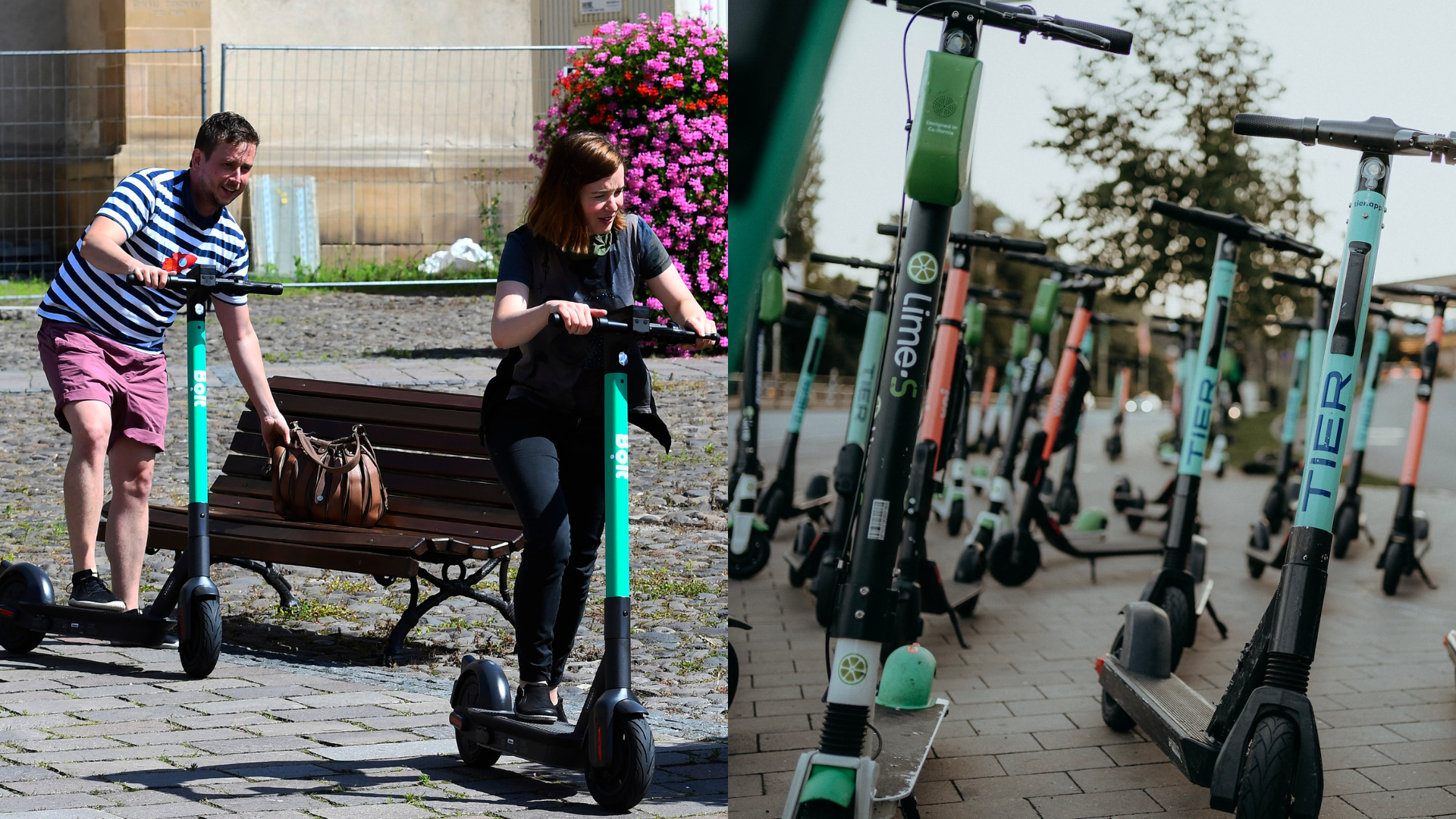 Ľudia na elektrických kolobežkách a elektrické kolobežky