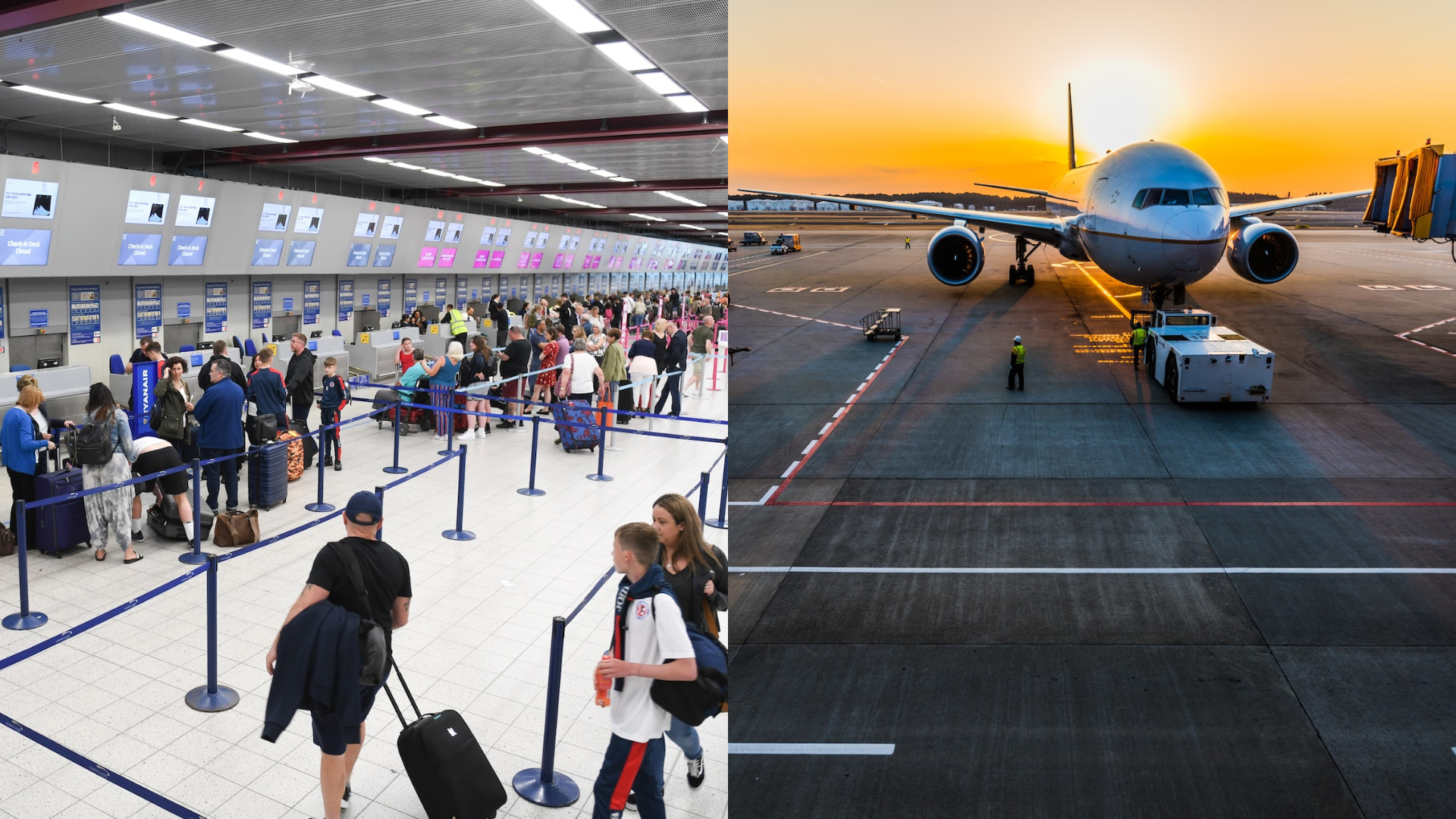 Ľudia na letisku pri termináloch a lietadlo na dráhe