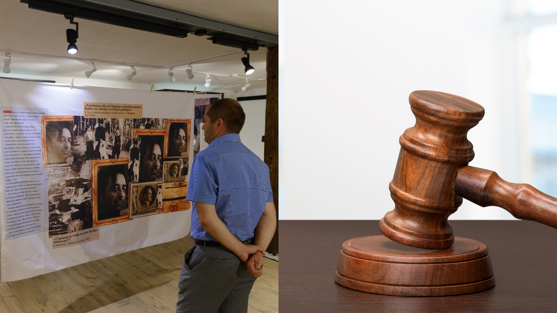 Muž v múzeu holokaustu a kladivko