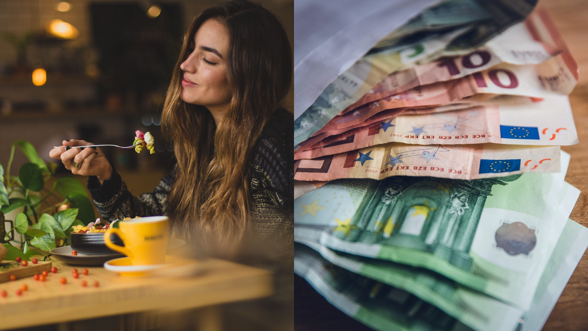 Žena s vychutnáva jedlo a peniaze v obálke