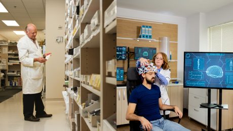 Lekárnik prezerá lieky a pacient na EEG