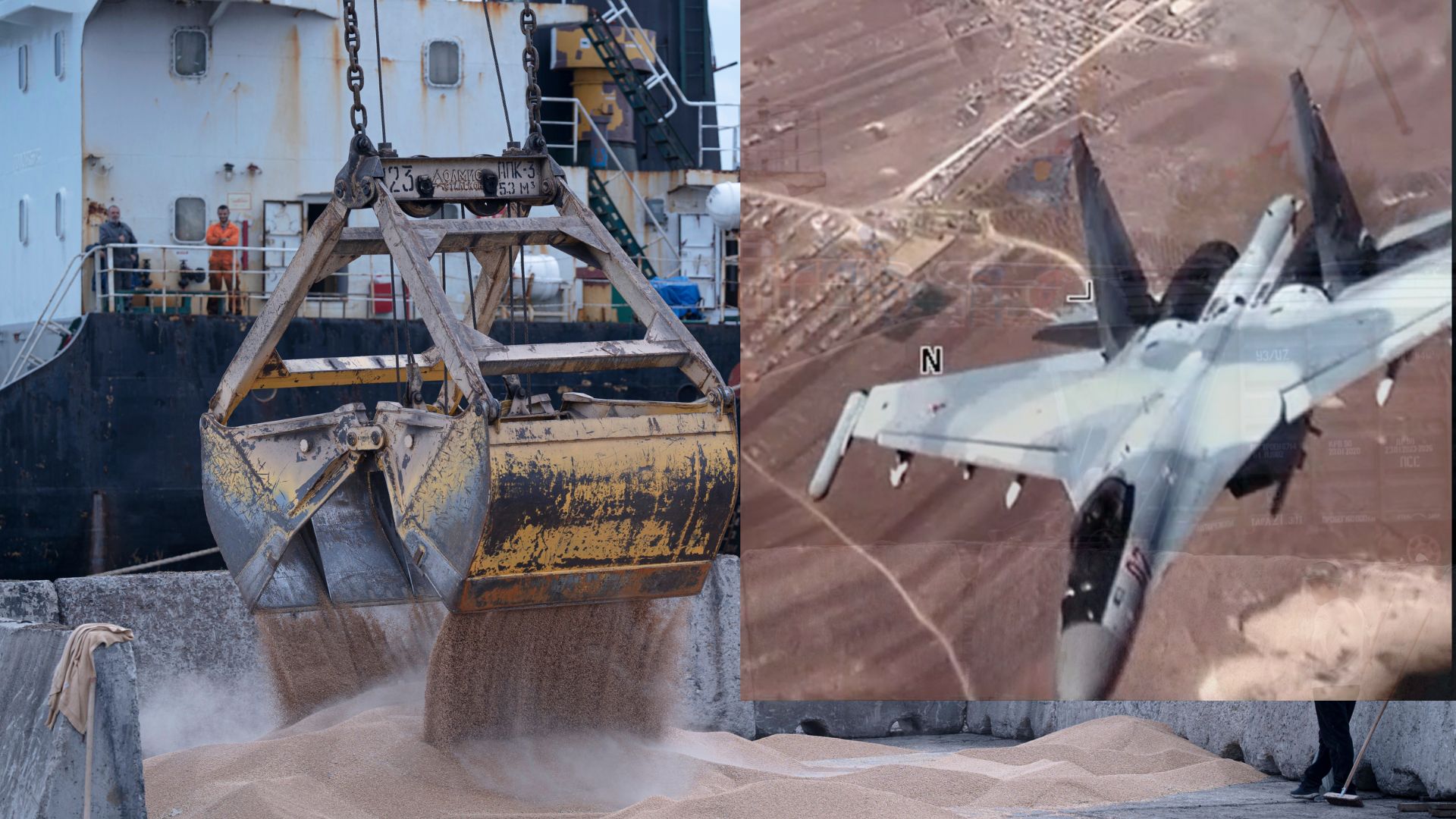 Ukrajinský prístav s obilím a ruská stíhačka