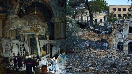 Trosky budov a katedrály v Odese po raketovom útoku Ruska