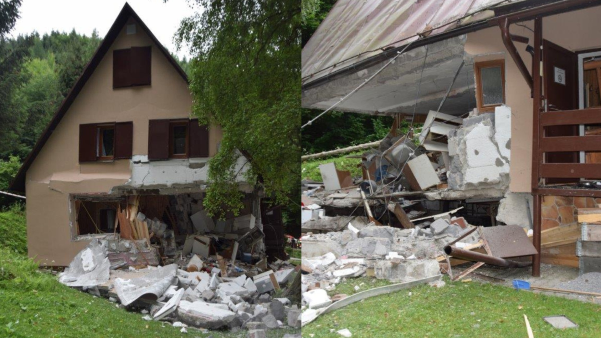 Zdemolovaná chata po výbuchu