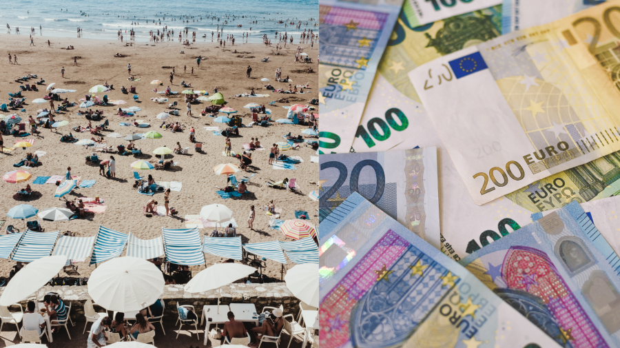Na obrázku je pláž v Španielsku a peniaze