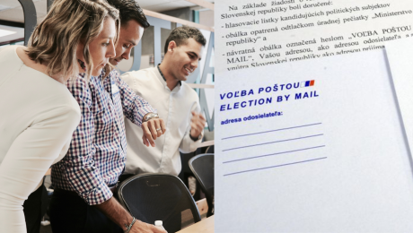 Na obrázku skupina ľudí a formulár na voľby zo zahraničia