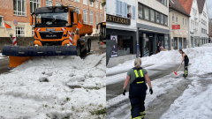 Snežný pluh odstraňuje krúpy z ulíc po búrke v nemeckom meste Reutlingen a hasičky odstraňujú krúpy z ulíc po búrke v nemeckom meste.