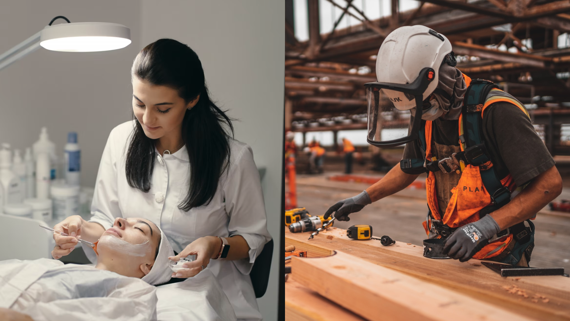 Kozmetička ošetruje zákazníčku a stavbár s helmou na hlave pracuje s drevom
