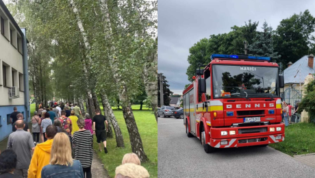 Pacienti sú evakuovaní z psychiatrickej liečebne a hasičské auto na ceste