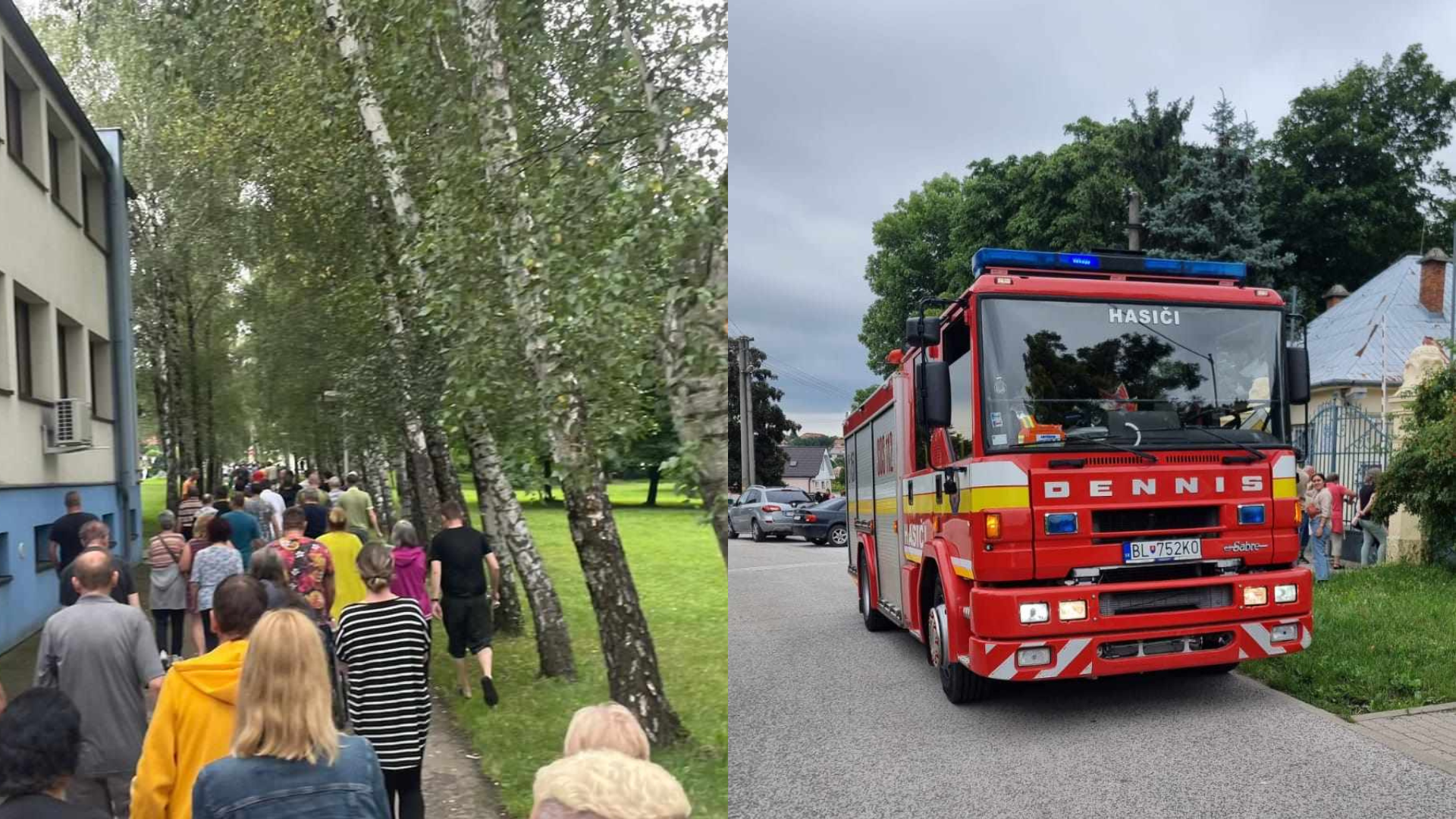 Pacienti sú evakuovaní z psychiatrickej liečebne a hasičské auto na ceste