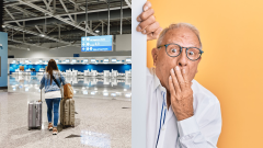 Žena s batožinou na letisku a muž si rukou prekrýva ústa.