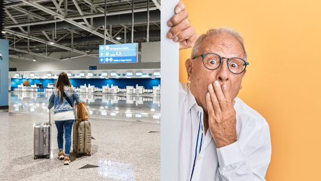 Žena s batožinou na letisku a muž si rukou prekrýva ústa.