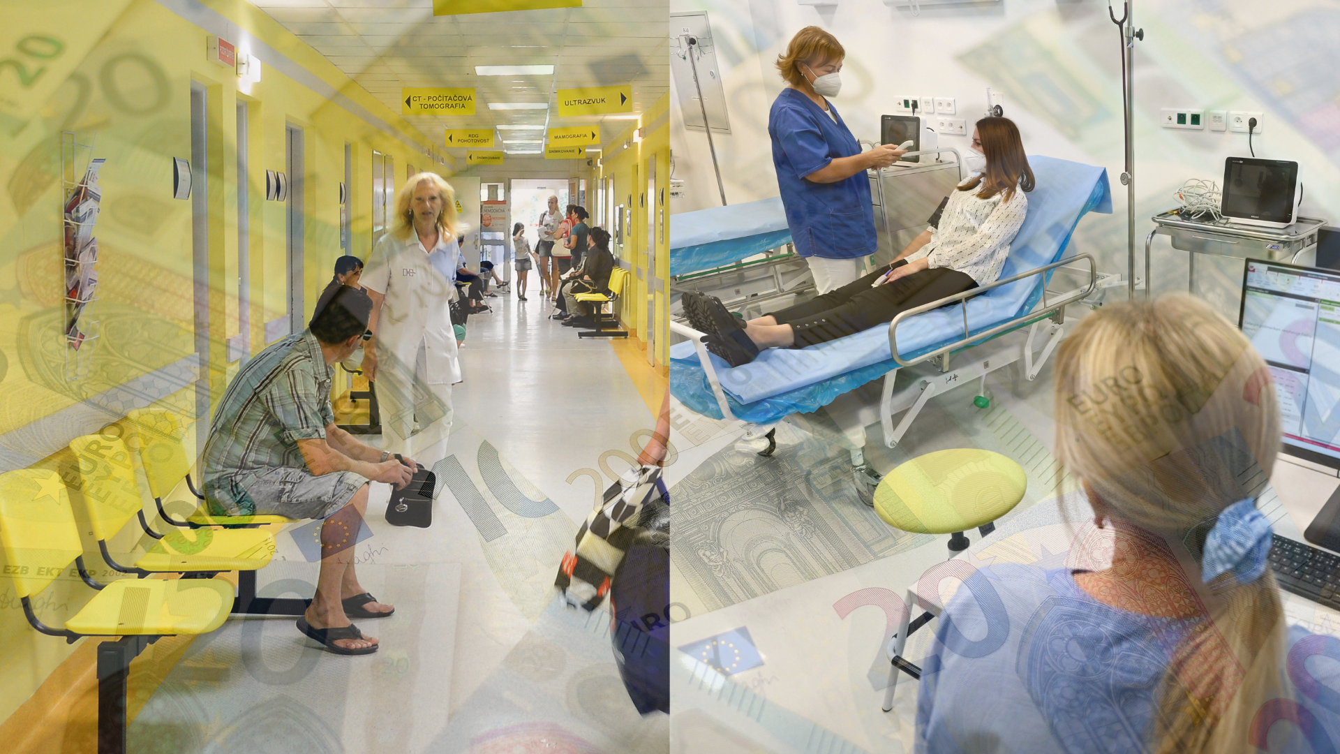 Ľudia čakajú v nemocnici na chodbe a žena na vyšeterení