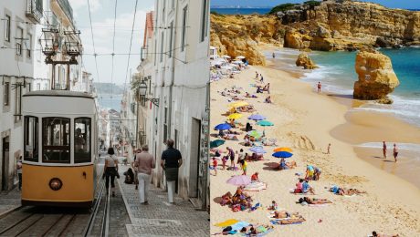 Ľudia a električka v uliciach Lisabonu a pláž plná ľudí