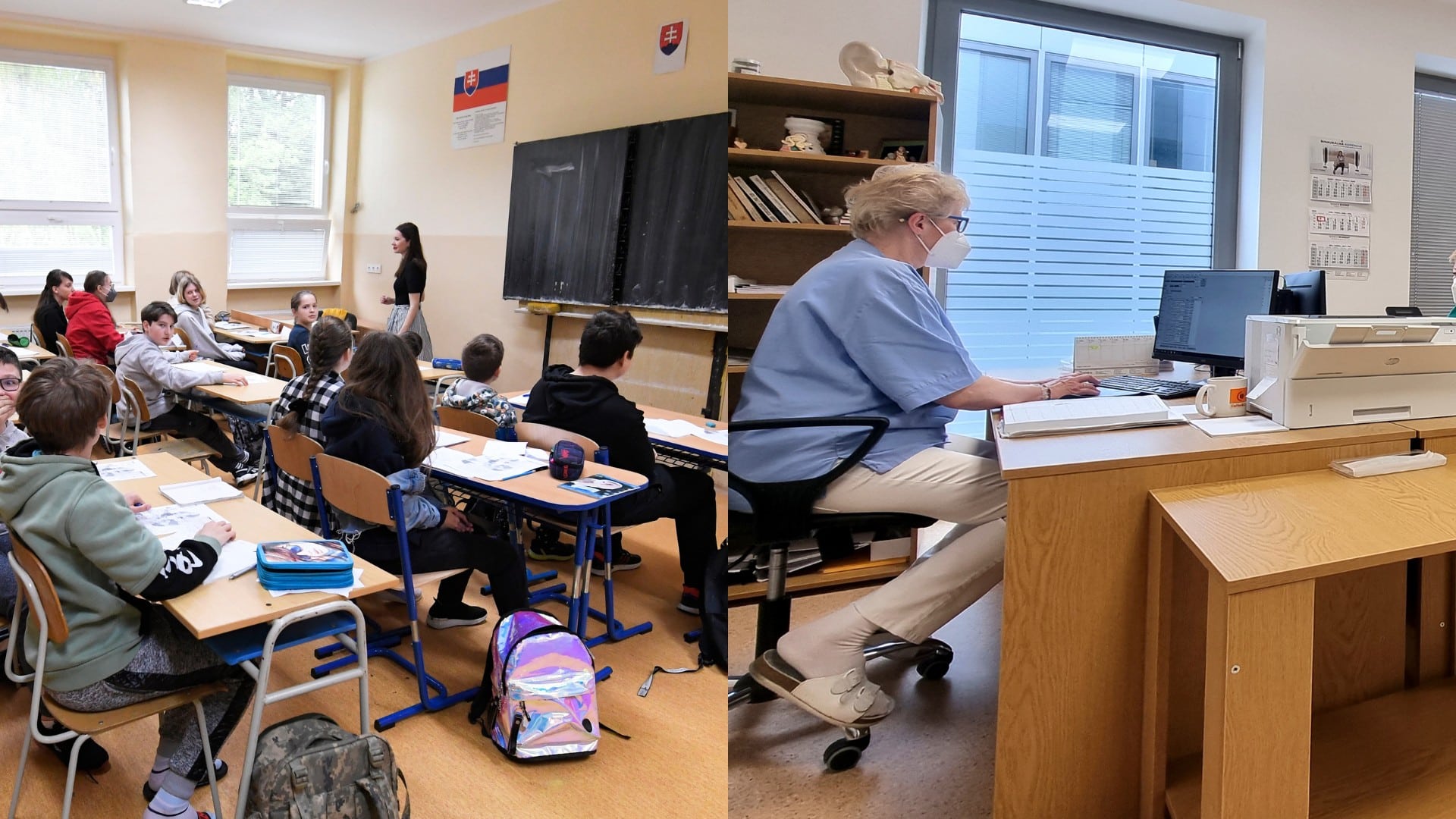 Žiaci v laviciach a doktorka s rúškom sedí za stolom