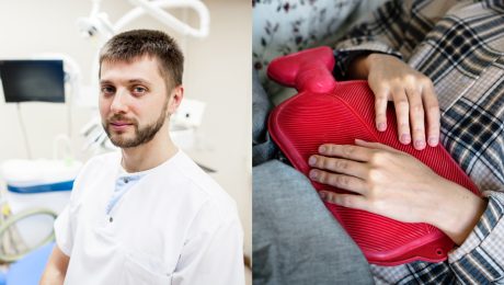 Na snímke je doktor a žena, ktorá má na bruchu termofor