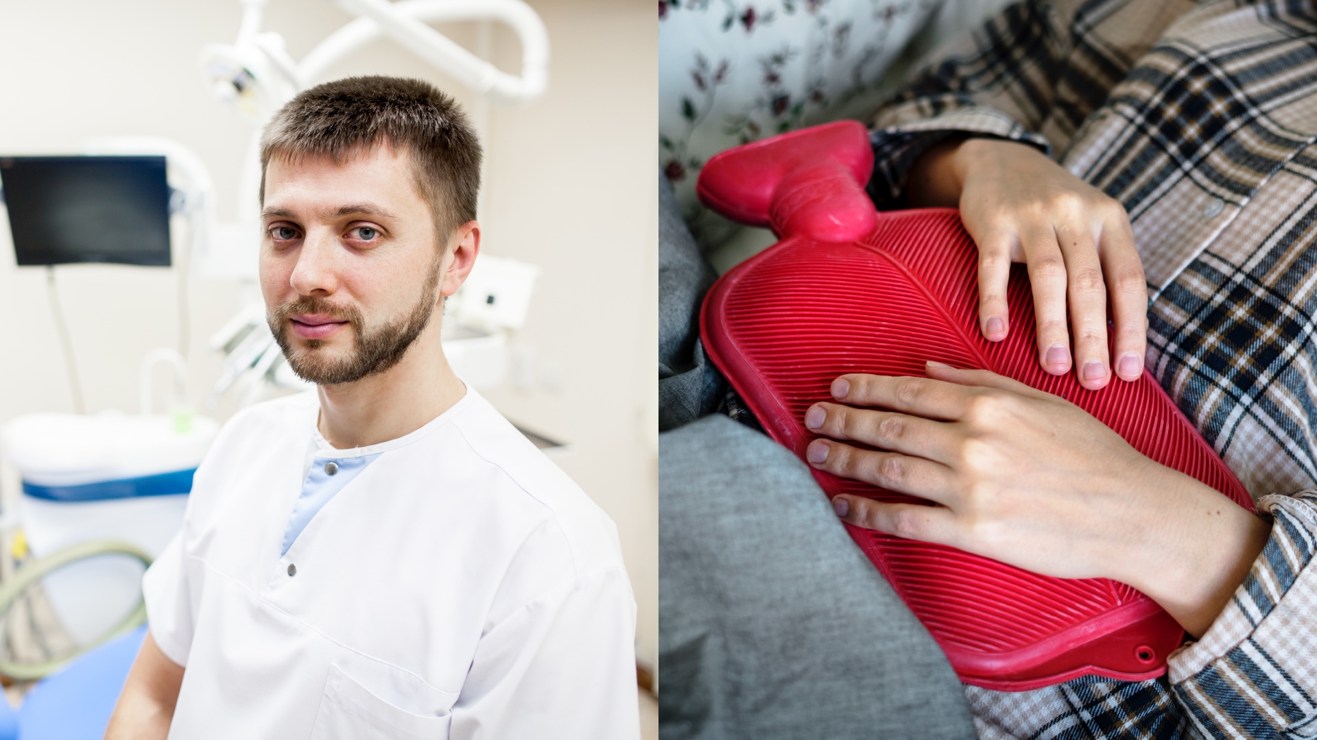 Na snímke je doktor a žena, ktorá má na bruchu termofor