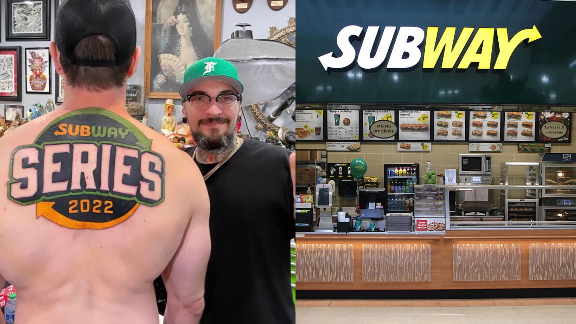 muž s tetovaním a reštaurácia Subway