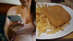 Na snímke je žena, ktorá drží telefón a vysmážaný syr