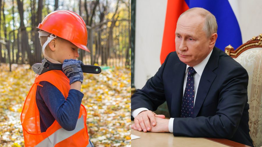 Rusko, detská pracovná sila. Vladimir Putin hľadí na dieťa v pracovnom odeve