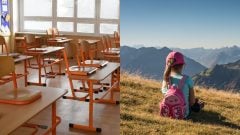 Na snímke je záber zo školskej triedy a dieťaťa v horách.