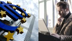 Na snímke budova Európskej centrálnej banky, muž za notebookom