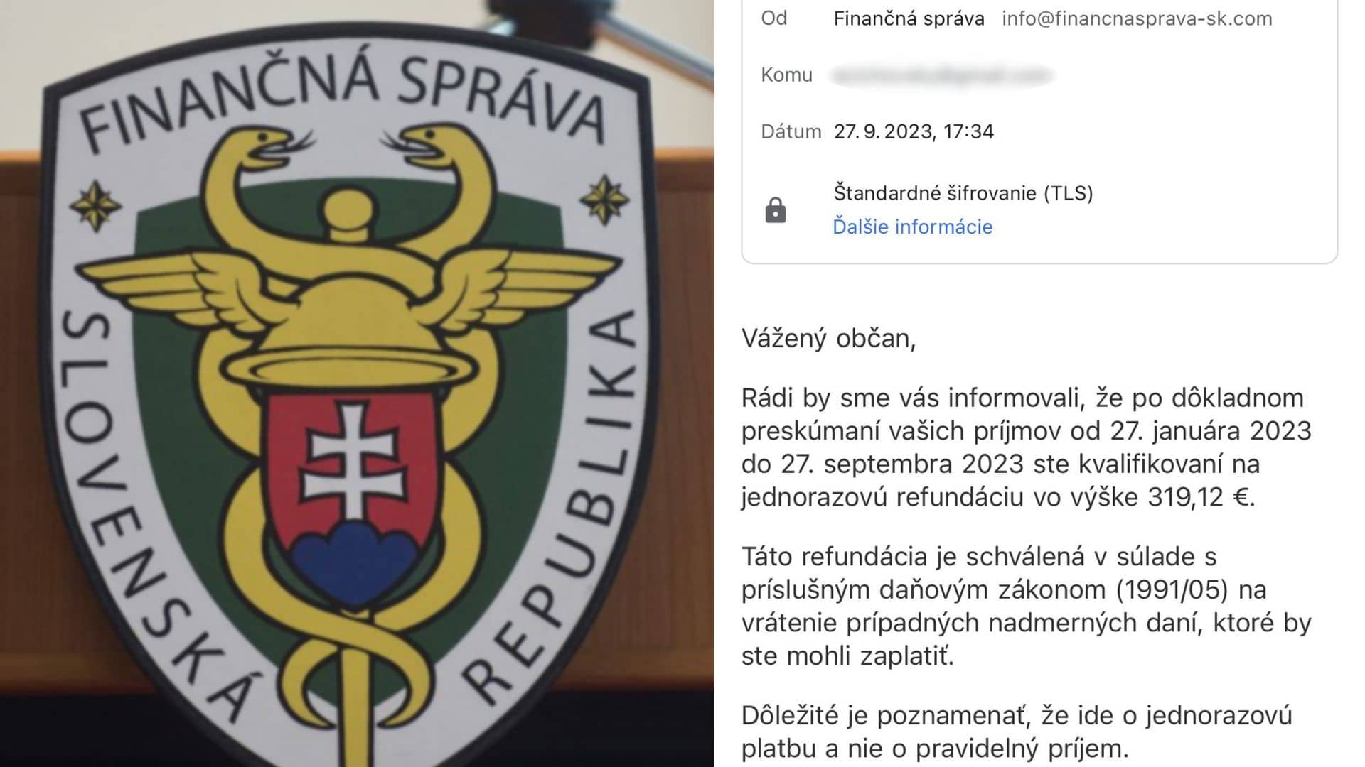 Finančná správa, screenshot mailu
