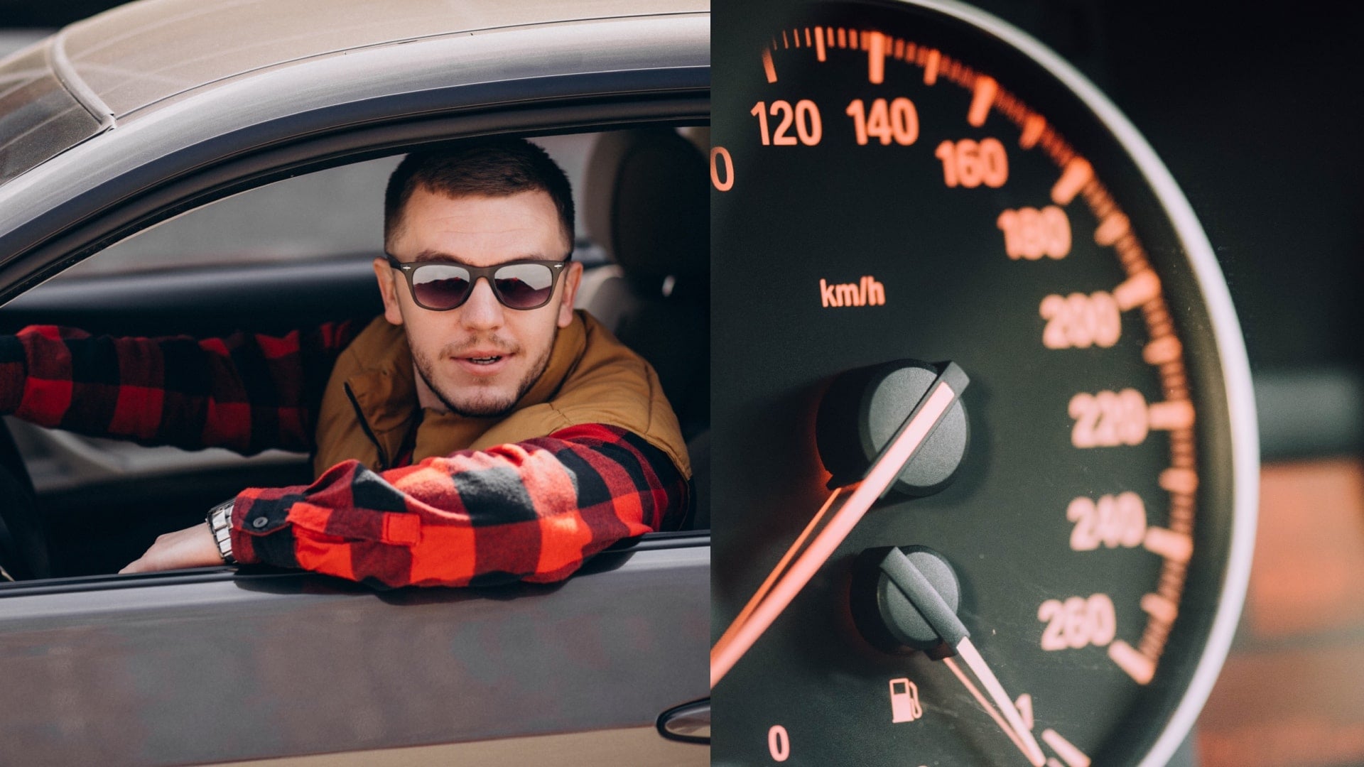 na snímke je muž v aute a tachometer
