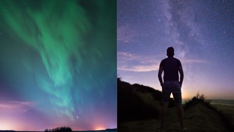 Polárna žiara na oblohe a muž sleduje nočnú oblohu