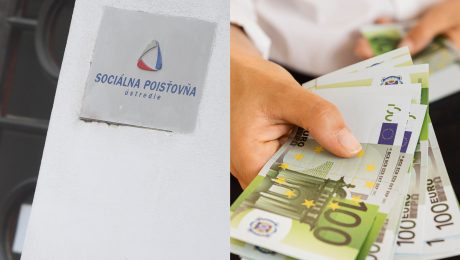 Na snímke ústredie Sociálnej poisťovne v Bratislave a ruka, ktorá drží stoeurové bankovky, dávky v roku 2024
