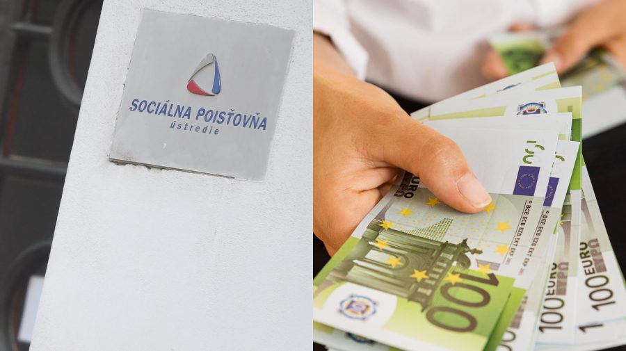 Na snímke ústredie Sociálnej poisťovne v Bratislave a ruka, ktorá drží stoeurové bankovky, dávky v roku 2024