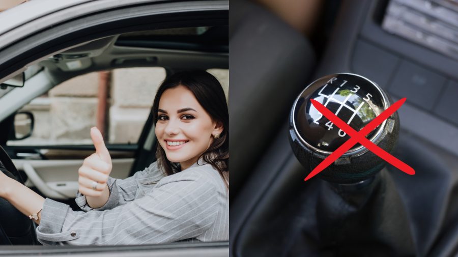 Žena, ktorá sedí za volantom, ukazuje palec hore a manuálna prevodovka