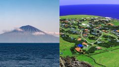 Pohľad na ostrov Tristan da Cunha a domy na ostrove